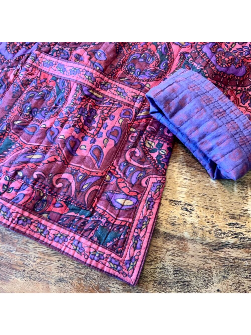 Reversible Purple & Pink Quilted Jacket With Paisley Print Button Front Mandarin - Picture 7 of 7